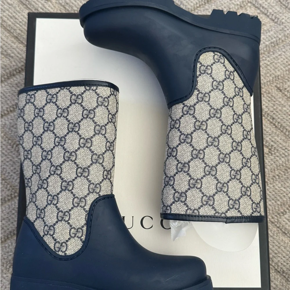 Gucci Beige and Blue Monogram Boots